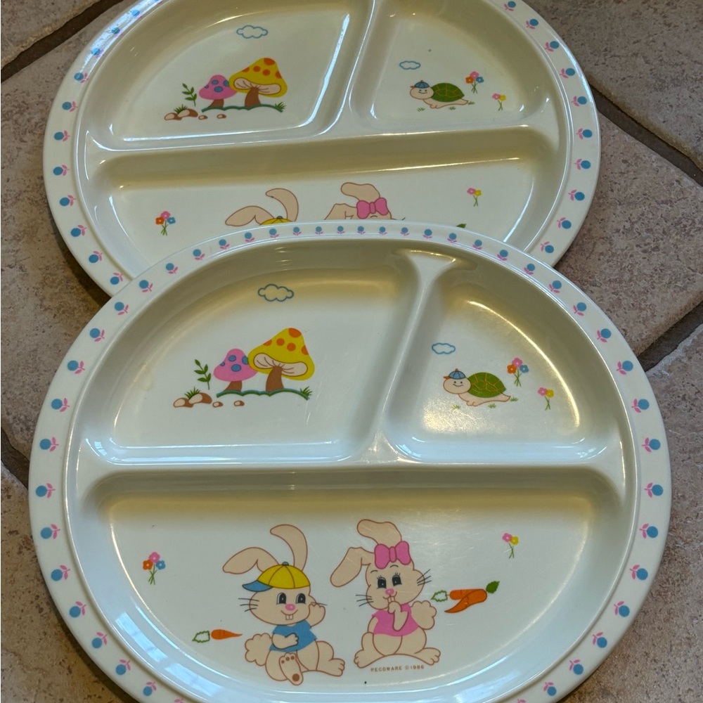 Vintage Pecoware Childrens Bunny Party Divided Plate Set
